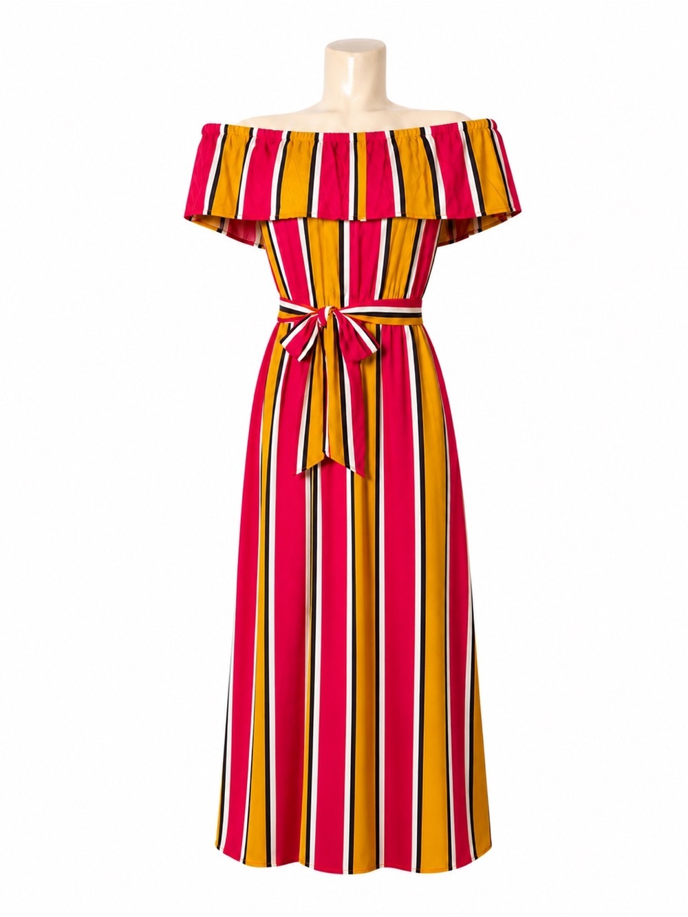 NWT Forever 21 Colorful Striped Off Shoulder Maxi Dress Belted Dress Medium